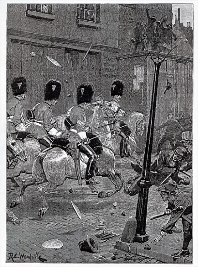 The Irish Land League Agitation: Scots Greys charging the mob at Limerick, illustration from ''The I à (d'après) Richard Caton Woodville