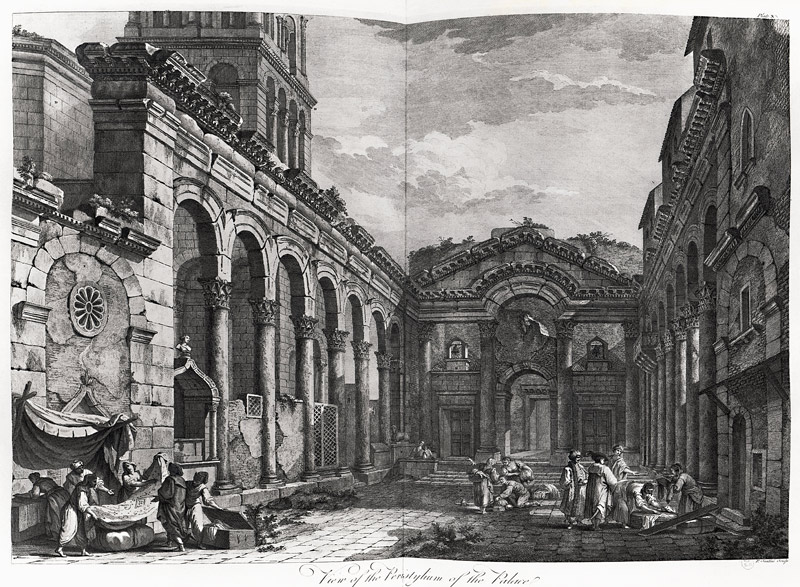 View of the peristyle of the palace of Diocletian (245-313), Roman Emperor 284-305, at Split on the  à (d'après) Robert Adam