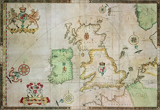 Map showing the route of the Armada fleet; engraved by Augustine Ryther, 1588 (see 133339 for b/w) à (d'après) Robert Adams