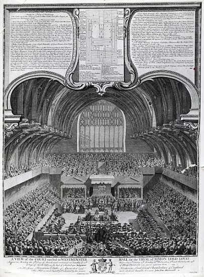 Trial of Simon Fraser, Lord Lovat, in Westminster Hall; engraved by James Basire à (d'après) Samuel Wale