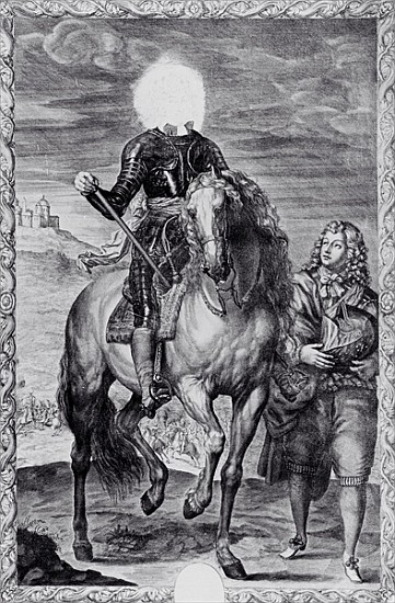 Defaced equestrian portrait of Charles I; engraved by Pierre Lombart à (d'après) Sir Anthony van Dyck