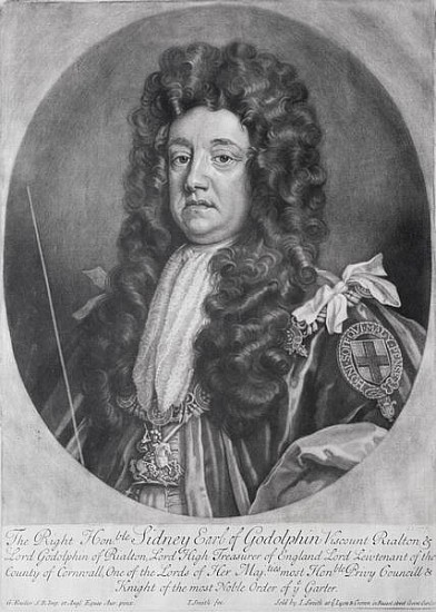 Portrait of Sidney Godolphin (1645-1712) 1st Earl of Godolphin ; engraved by and published by  John  à (d'après) Sir Godfrey Kneller