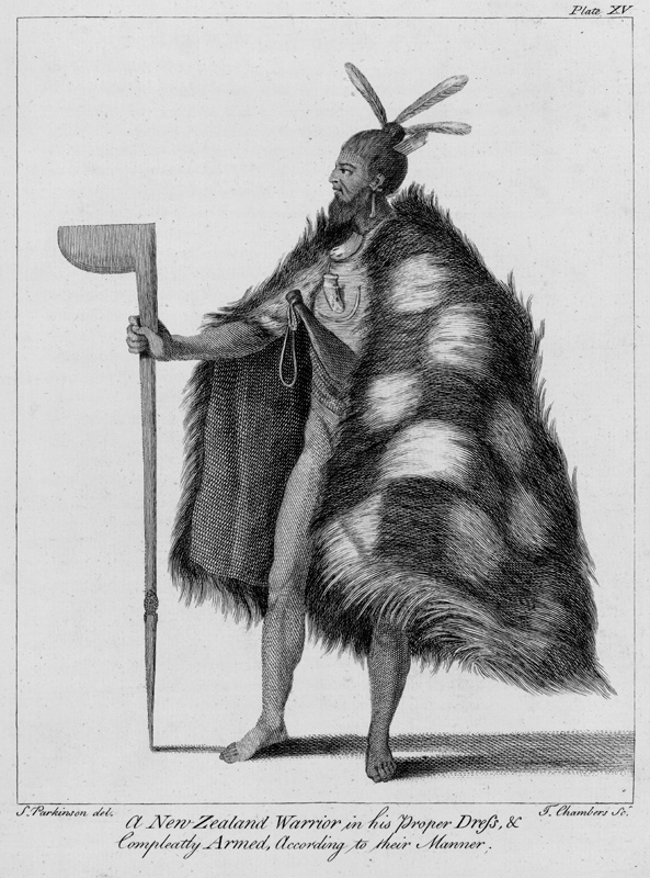 A New Zealand warrior, from ''A Journal of a Voyage to the South Seas in his Majesty''s ship, the En à (d'après) Sydney Parkinson