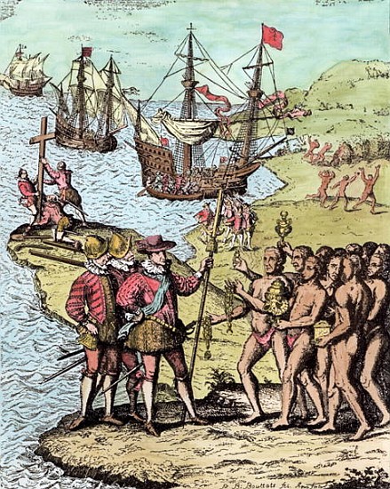 Columbus at Hispaniola, from ''The Narrative and Critical History of America'', edited Justin Winsor à (d'après) Theodore de Bry