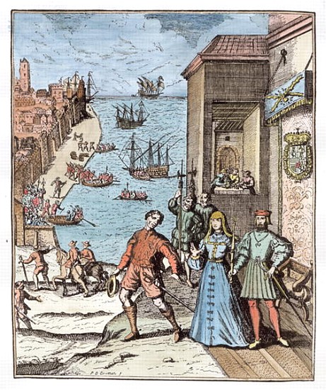 Parting of Columbus with Ferdinand and Isabella, from ''Narrative and Critical History of America'', à (d'après) Theodore de Bry