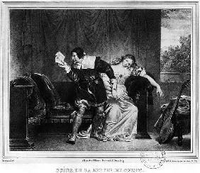 Scene of the cousin''s letter, illustration from ''The Barber of Seville'' Pierre Augustin Caron de 