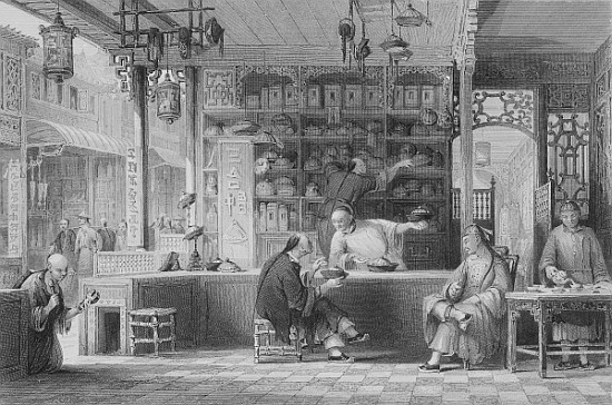 Cap Vendor''s Shop, Canton, from ''China in a Series of Views'' George Newenham Wright, 1843Allom, T à (d'après) Thomas Allom