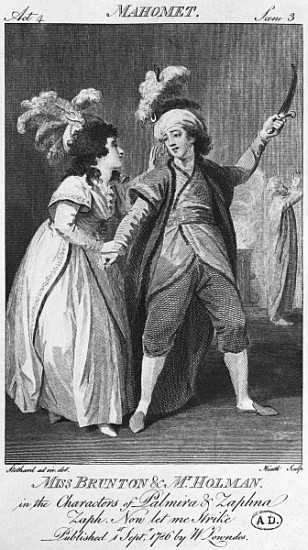 Miss Brunton and Mister Holman as Palmira and Zaphna, illustration from Act IV, Scene 3, of ''Le Fan à (d'après) Thomas Stothard