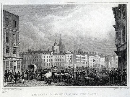 Smithfield Market from the Barrs; engraved by Thomas Barber, c.1830 à (d'après) Thomas Hosmer Shepherd