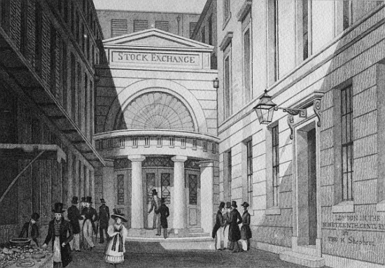 Stock Exchange, London, from ''Metropolitan Improvements; or London in the nineteenth century'', c.1 à (d'après) Thomas Hosmer Shepherd