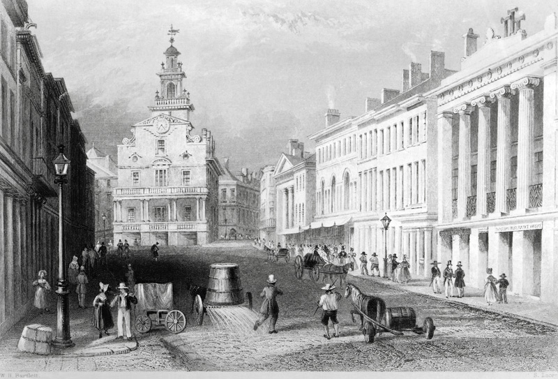 State Street, Boston; engraved by S.Lacey à (d'après) William Henry Bartlett