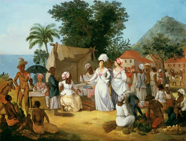 A linen market with a linen stall and a - Agostino Brunias
