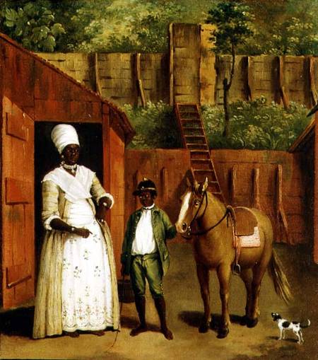 A Negro Mother and Son with a Pony outside a Stable à Agostino Brunias