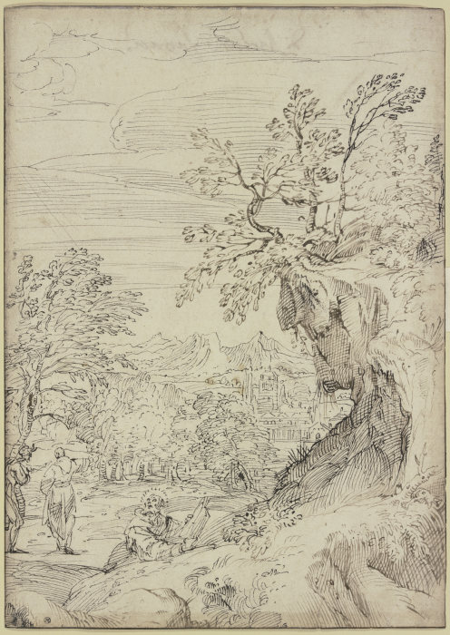 Landschaft mit einem Heiligen und zwei weiteren Figuren à Agostino Carracci