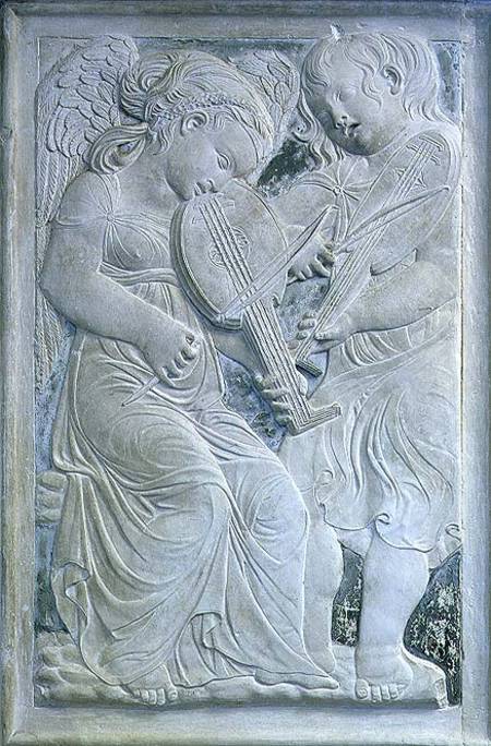 Two putti playing lutes, from the frieze of musical angels in the Chapel of Isotta degli Atti à Agostino  di Duccio