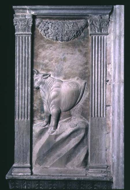 Taurus represented by the bull from a series of reliefs depicting planetary symbols and signs of the à Agostino  di Duccio