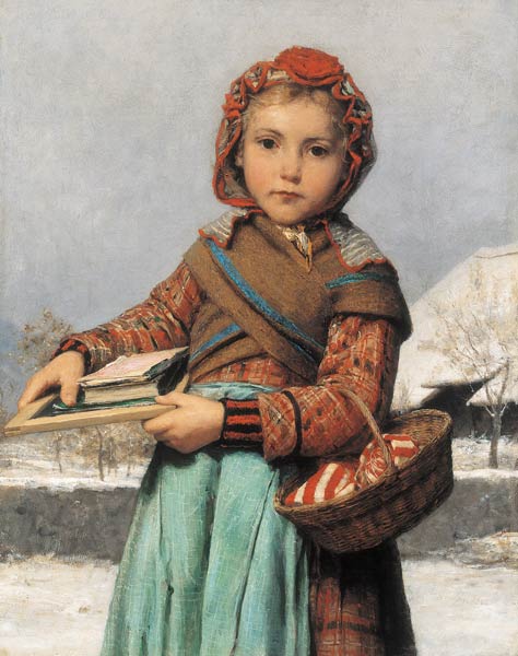 Schoolgirl with Slate and Sewing Basket à Albert Anker