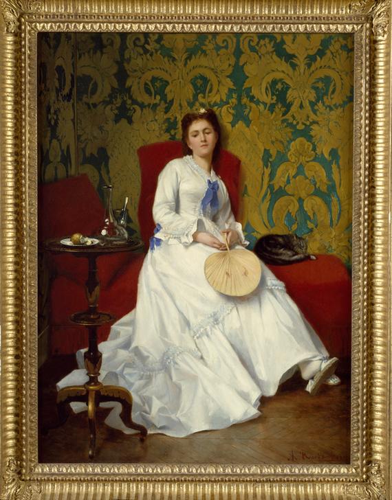 Lady in white with fan à Albert Roosenboom
