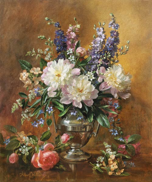 Still Life of Peonies and Delphiniums (oil on canvas)  à Albert  Williams