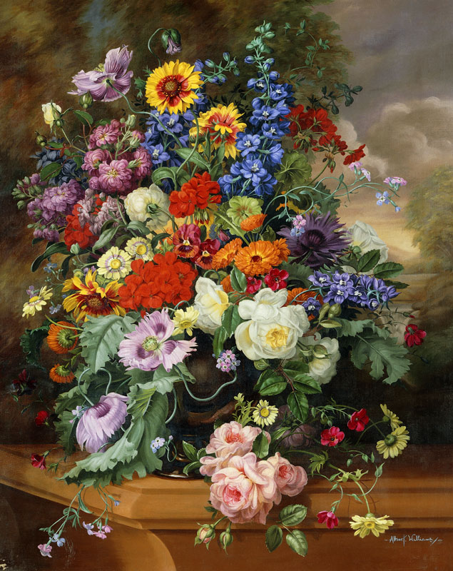Still Life with Roses, Delphiniums, Poppies, and Marigolds on a Ledge à Albert  Williams