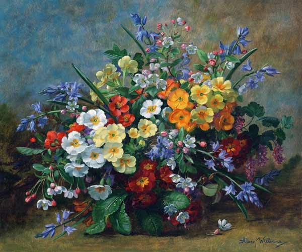 AB.130.Yellow, white and orange primulas with bluebells in a vase à Albert  Williams