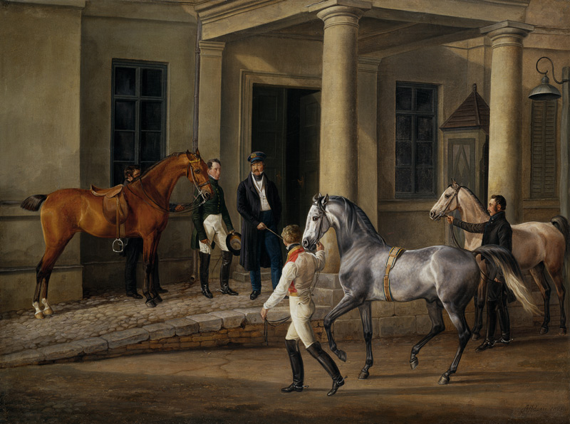 deux chevaux nobles sont conduits par l'homme du château à Albrecht Adam