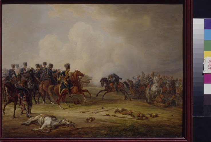 An attack of Austrian Hussars on the French battery à Albrecht Adam
