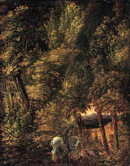 Paysage de forêt avec Saint Georges combattant le dragon