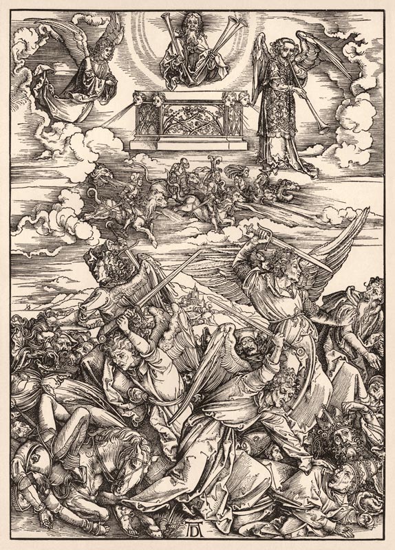 Der Engelkampf, aus der Folge der Apokalypse, Latein-Ausgabe 1511 à Albrecht Dürer
