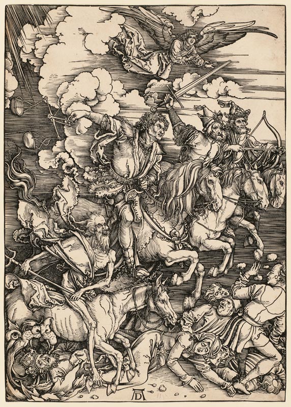 Die apokalyptischen Reiter, aus der Folge der Apokalypse, Einzeldruck vor dem Text à Albrecht Dürer