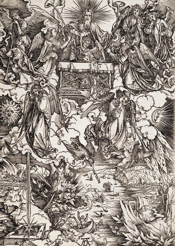 Die sieben Posaunenengel, aus der Folge der Apokalypse, Latein-Ausgabe 1511 à Albrecht Dürer