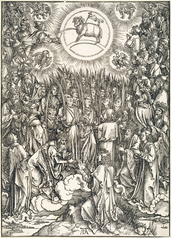Lobgesang der Auserwählten / Anbetung des Lammes, aus der Folge der Apokalypse, Urausgabe Latein 149 à Albrecht Dürer