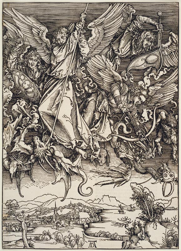Michaels Kampf mit dem Drachen, aus der Folge der Apokalypse, Urausgabe Deutsch 1498 à Albrecht Dürer
