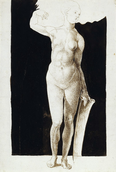 Proportion study of female nude with a shield à Albrecht Dürer