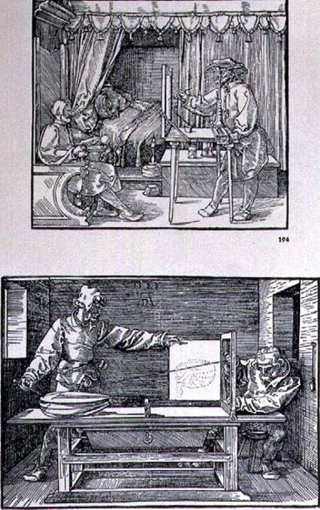 Apparatus for translating three-dimensional objects into two-dimensional drawings, two scenes from t à Albrecht Dürer