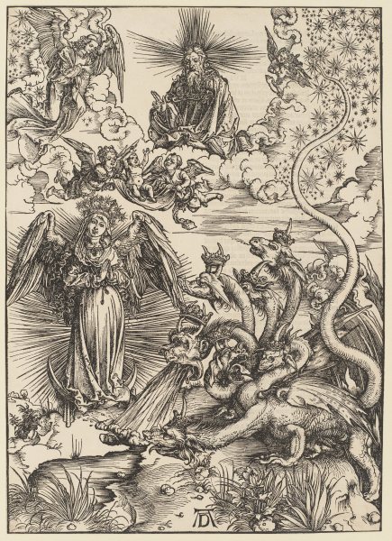 Das Sonnenweib und der siebenköpfige Drache, aus der Folge der Apokalypse, Latein-Ausgabe 1511 à Albrecht Dürer