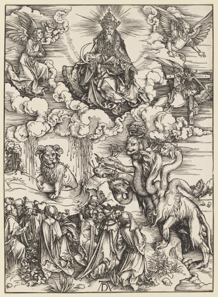 Das Tier mit den Lammhörnern, aus der Folge der Apokalypse, Einzeldruck vor dem Text à Albrecht Dürer
