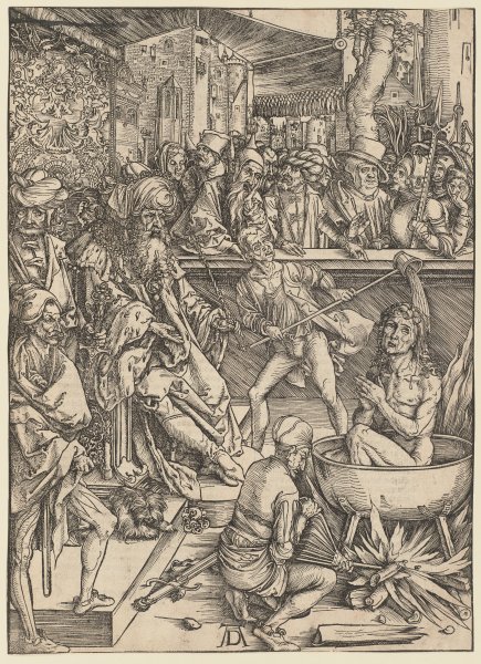 Die Marter des Evangelisten Johannes, aus der Folge der Apokalypse, Urausgabe Deutsch 1498 à Albrecht Dürer