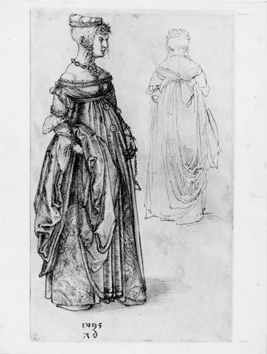 Frau in venezianischem Kostuem, daneben dasselbe Kostuem von rueckwaerts à Albrecht Dürer