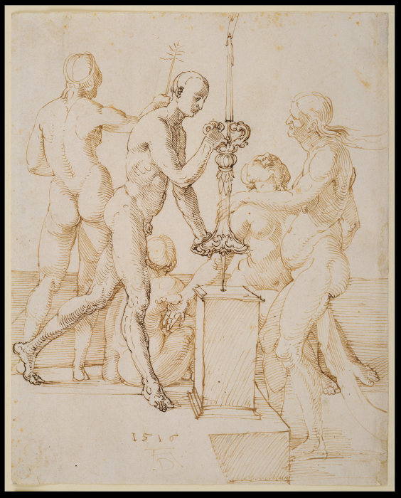 Fünf nackte Figuren um einen brennenden Leuchter à Albrecht Dürer