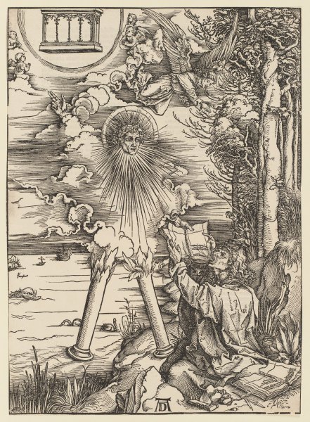 Johannes, das Buch verschlingend / Der "Starke Engel", aus der Folge der Apokalypse, Latein-Ausgabe  à Albrecht Dürer