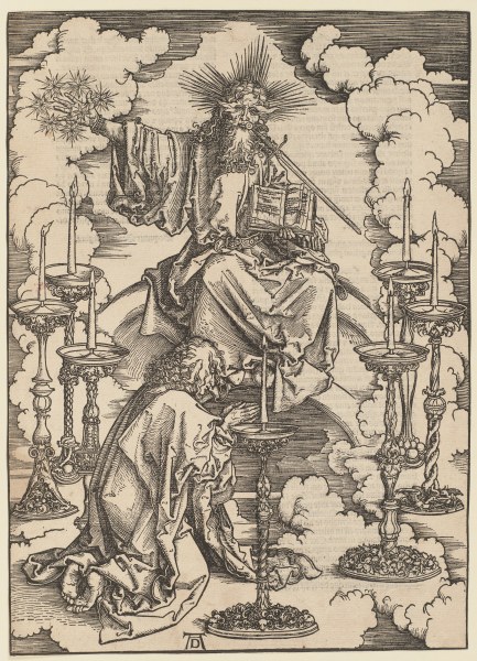 Johannes erblickt die sieben Leuchter, aus der Folge der Apokalypse, Latein-Ausgabe 1511 à Albrecht Dürer