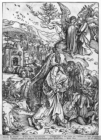 Scene from the Apocalypse, The angel holding the keys of the abyss and a big chain, enchains the dra à Albrecht Dürer