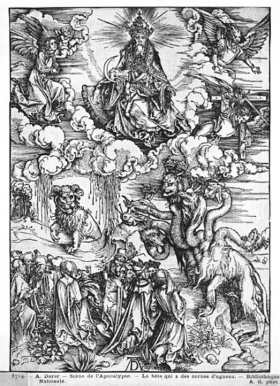 Scene from the Apocalypse, The seven-headed and ten-horned dragon à Albrecht Dürer