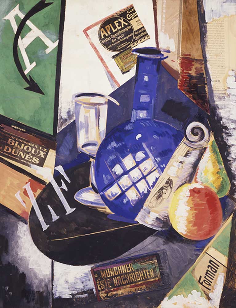 Still life with bottle and glass, by Alexandra Exter (1882-1949), oil and collage on canvas, 68x53 c à Aleksandra Aleksandrovna Ekster