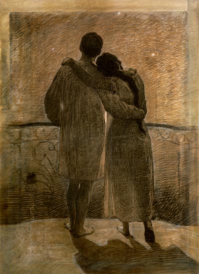 Jeune couple (panneau central d'un triptyque) à Alessandro Morbelli