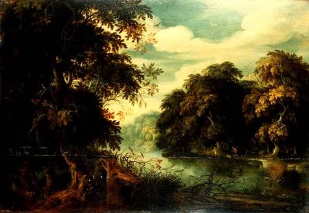 Forest landscape with birdcatchers beside a river (panel) à Alexander Keirincx