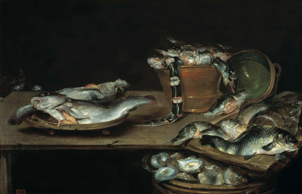 Still Life with Fish, Oysters and Cat à Alexander van Adriaenssen