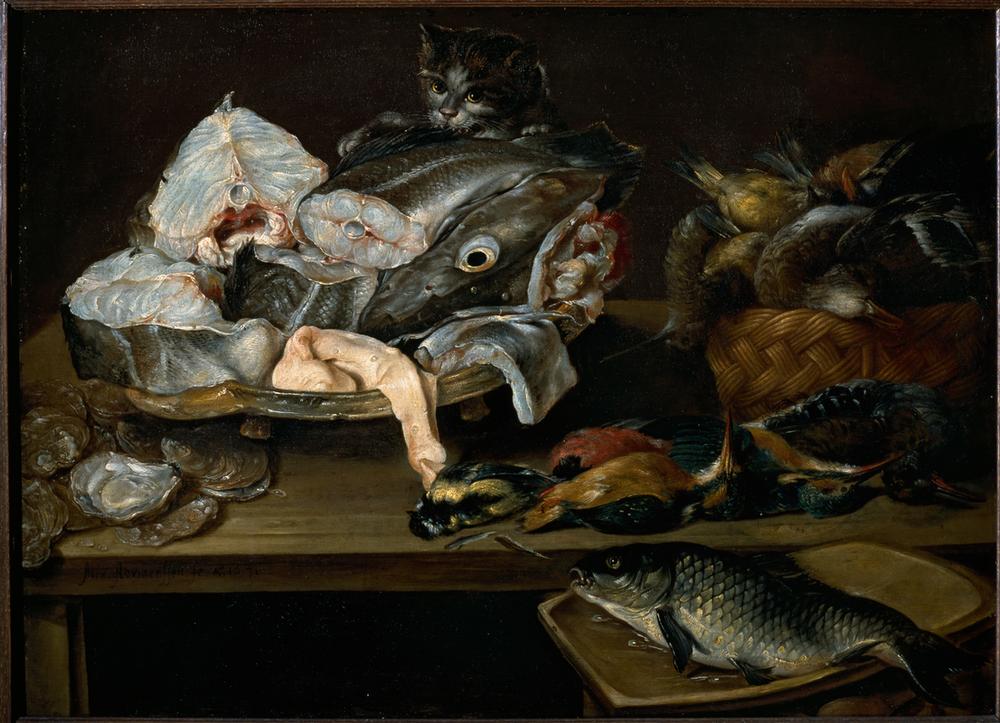 STill Life with Fishes, Seafood, Poultry and Cat à Alexander van Adriaenssen