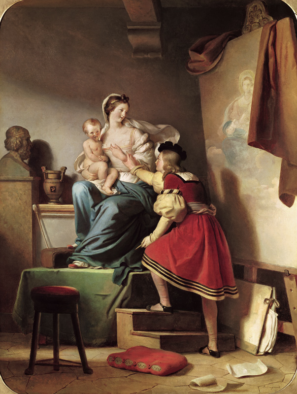 Raphael Adjusting his Model''s Pose for his Painting of the Virgin and Child à Alexandre Evariste Fragonard